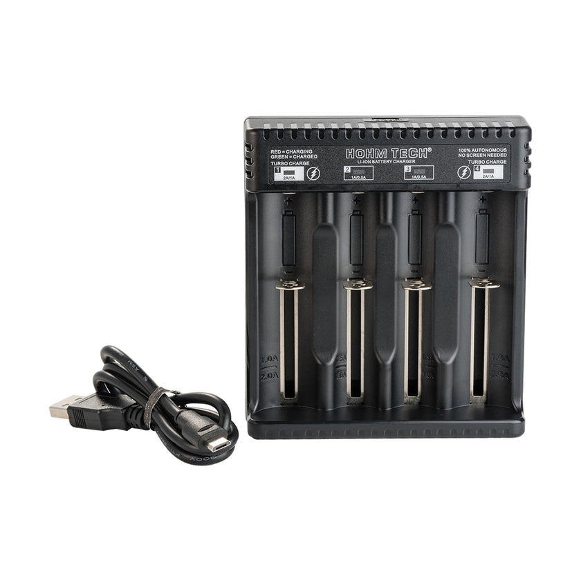 Hohm Tech School 4 Channel Battery Charger Front View With USB Cable In The Box Contents